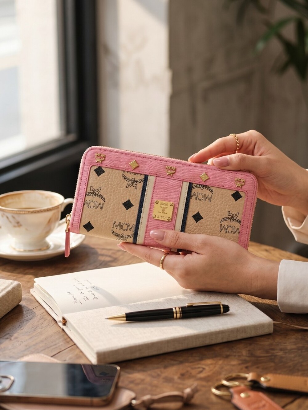 MCM Beige Visetos Wallet with Pink Trim and Navy Stripe